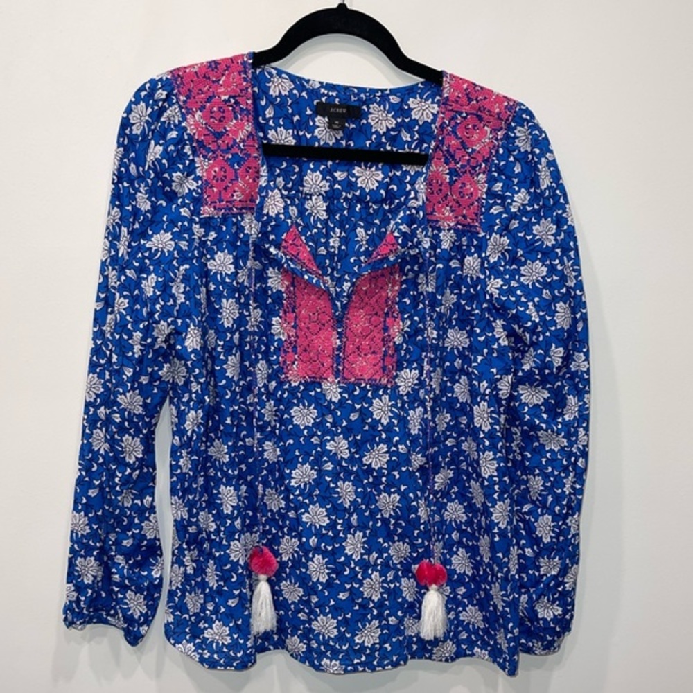 J. Crew Blue Floral Tunic with Pink Embroidery